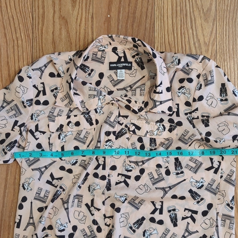 Karl Lagerfeld Paris Eiffel Tower Blouse Pink Button-down Roll-tab Sleeve Size L - Picture 2 of 6